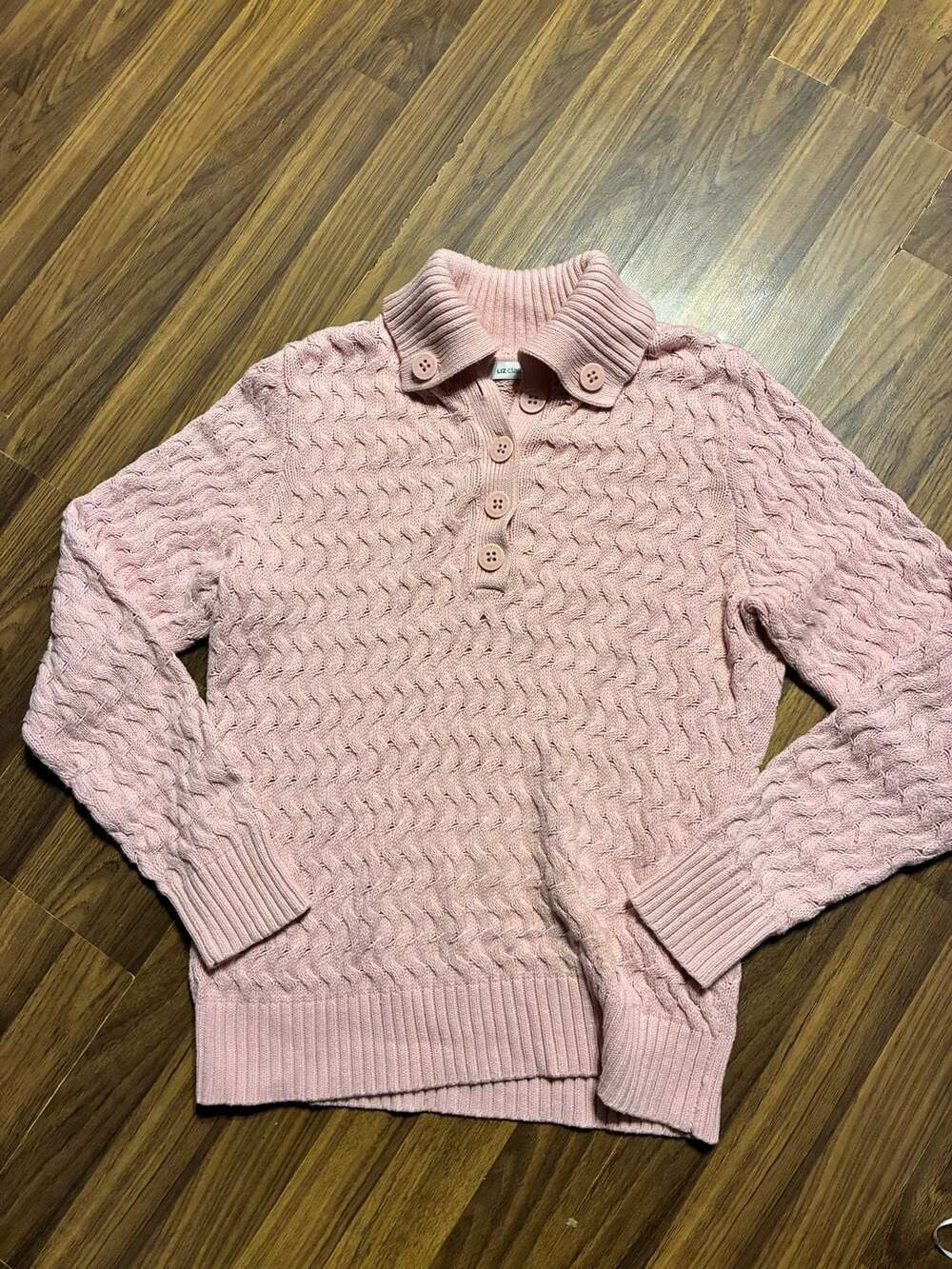 Liz Claiborne Women's Light Pink Cable Knit Long Sleeve Polo Sweater